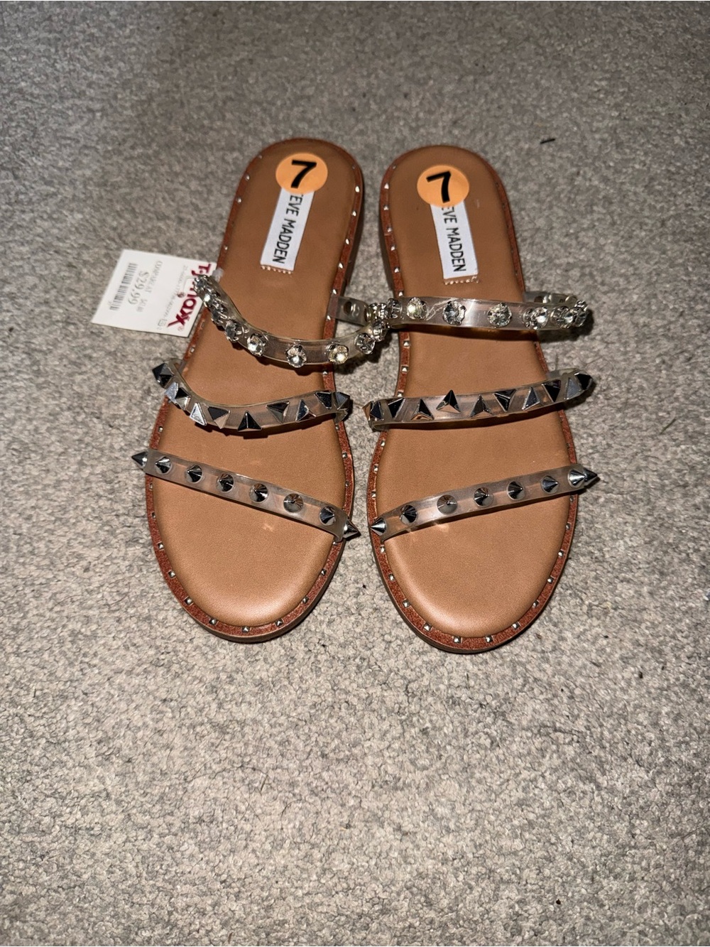 Steve Madden Tan Slide Sandals with Silver Studded Straps